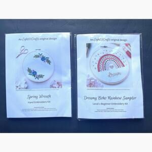 Set of 2 New Eight22Crafts Embroidery Kits Spring Wreath & Boho Rainbow Sampler